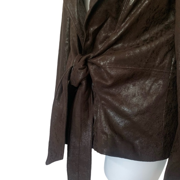 Joseph Ribkoff Wrap Jacket Women Tie Front Chocolate Brown Metallic Faux Suede - Picture 6 of 11